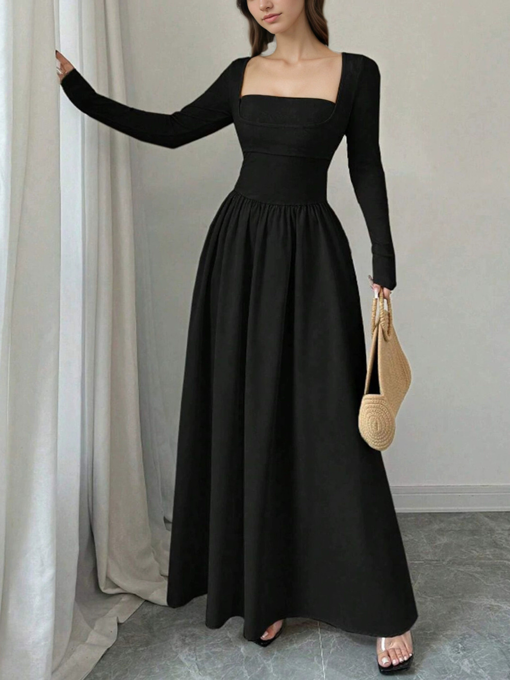ZARA Faux Two Piece Square Neck Long Sleeve Dress Fall Elegant Slim Waist Maxi